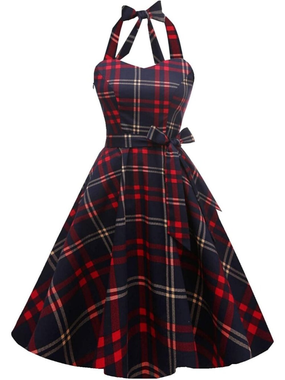 Women's Red Plaid Halter Neck Vintage Polka Audrey Retro Cocktail Dress